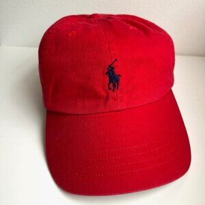 Vintage Polo Ralph Lauren Cotton Chino Ball Cap in Red/Blue with Leather Strap